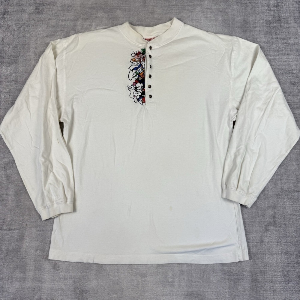 Vtg Disney Shirt Mens Large Long Sleeve Henley‎ Embroidered Mickey Mouse Friends
